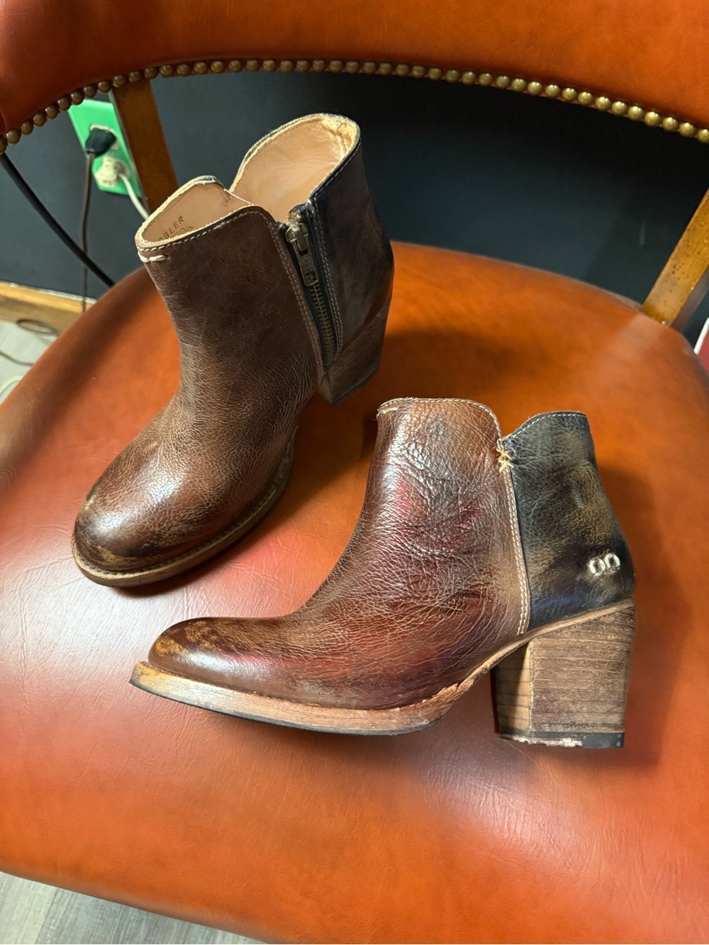 Bed Stu size 7.5 rustic two tone leather booties with chunky heel